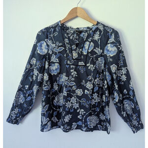 Talbots Long Sleeve Navy Floral Peasant Top Women's Sz MP Preppy 100% Cotton EUC
